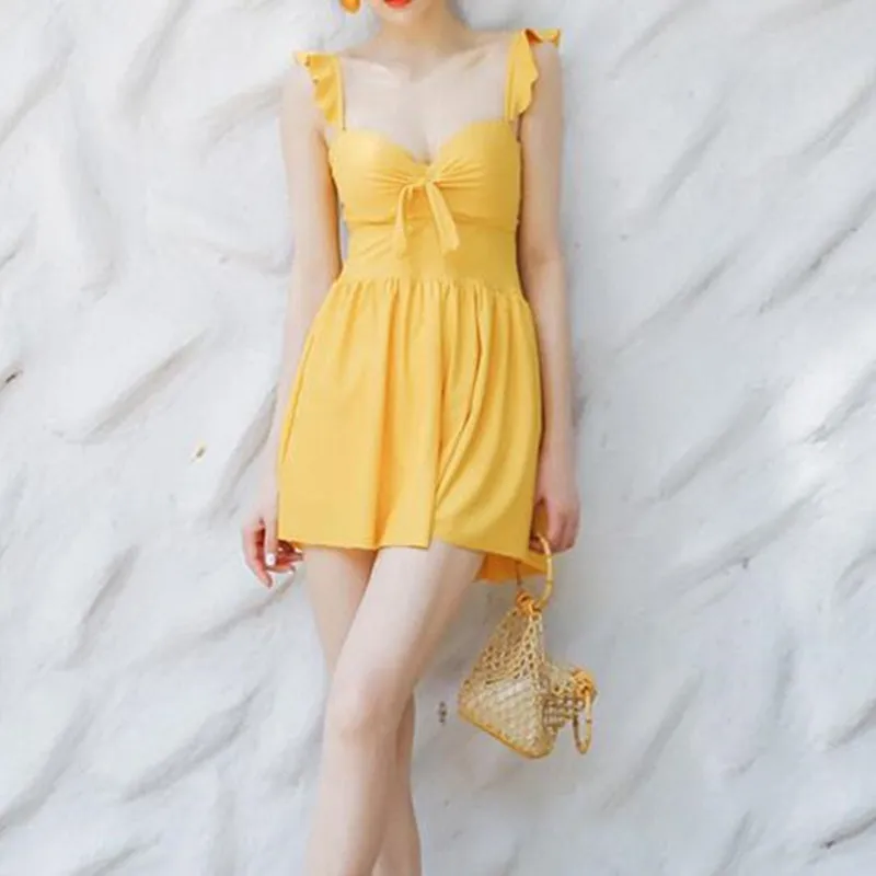 2019 женский купальник танкини набор из двух частей Винтаж плотной ткани желтого