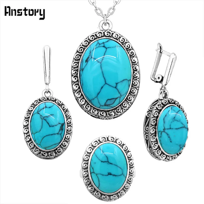 Овальный синий камень Ювелирные наборы Цепочки и ожерелья Серьги Кольца под