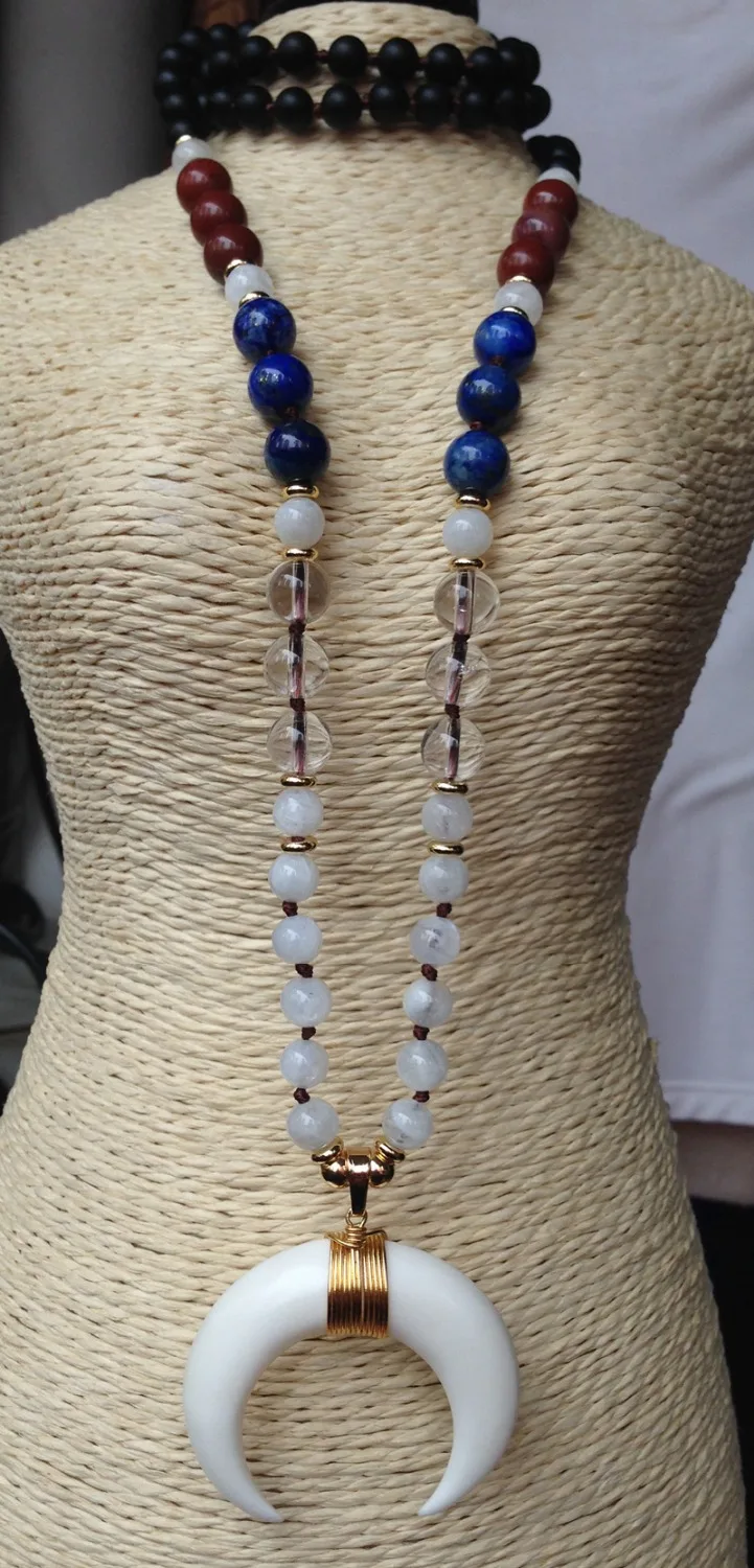 YA2435 Real Cattle Bone Moon Wire Pendant Agates Lapis Beads Knot Handmade Necklace 30inch long | Украшения и аксессуары
