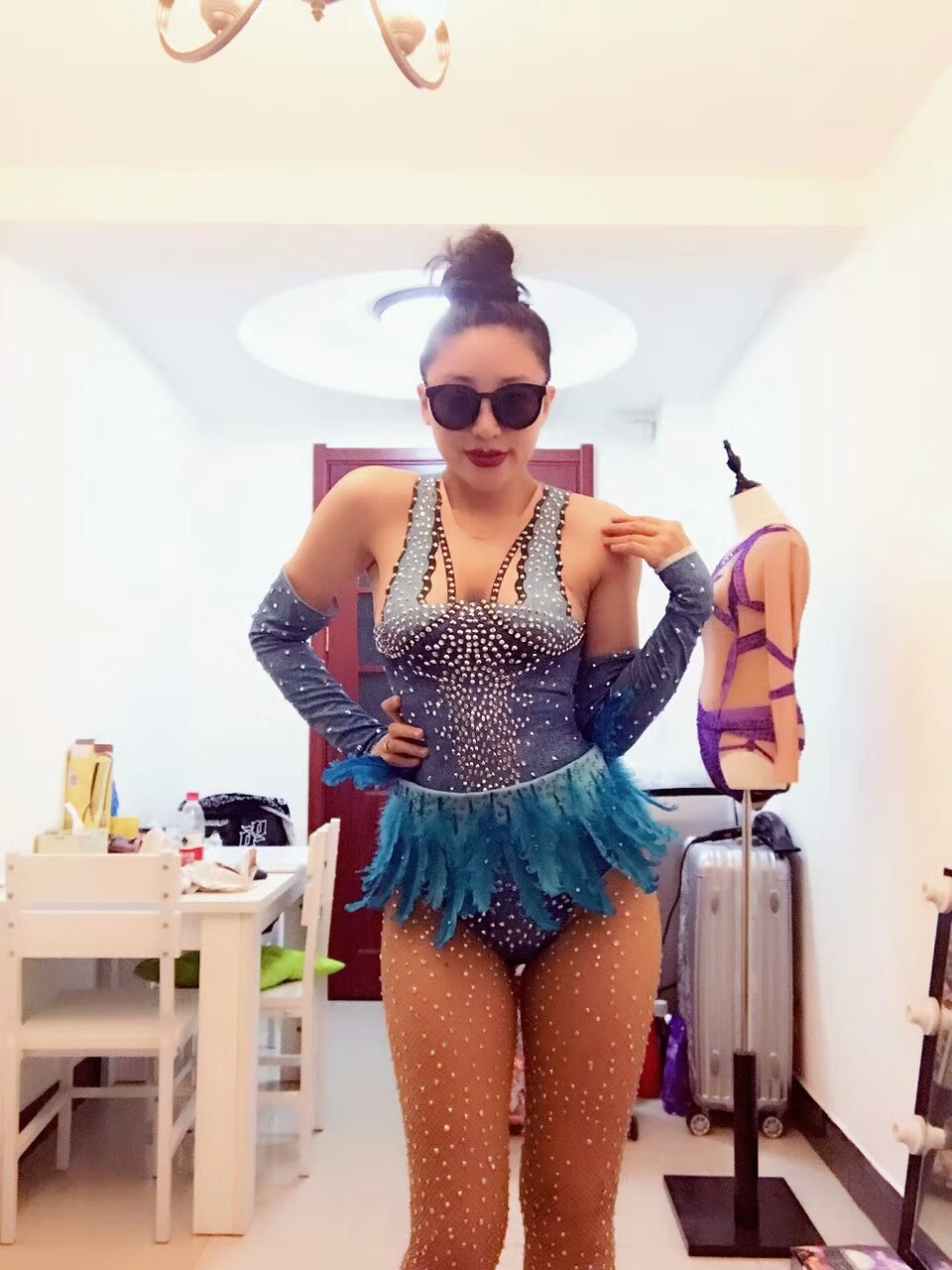 Blue Feathers Crystals Bodysuit Female sexy Skinny Catsuit Nightclub Bar DJ DS costumes Dancing Groups stage performance Clothes