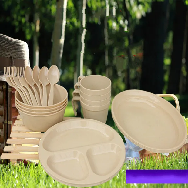 

Luxury home outdoor travel picnic portable PP tableware 24 pcs in 1 sets Disposable bowls forks plates cup Split Disks