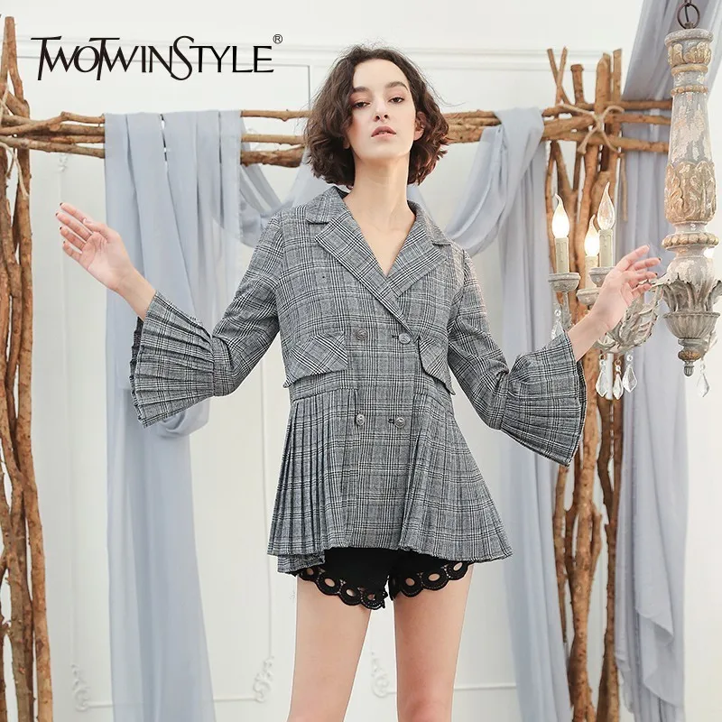 TWOTWINSTYLE клетчатый Блейзер пальто женские с расклешенным рукавом плиссированные