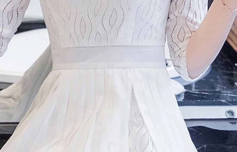 2017 весной новые женщины dress семь рукава большой размер кружева шифона платье