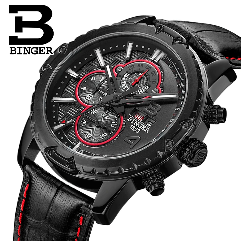 Watches Men Luxury Original Brand BINGER Sport Fashion wristwatch Chronograph waterproof Male leather Quartz watch|watch brand men|watch fashion