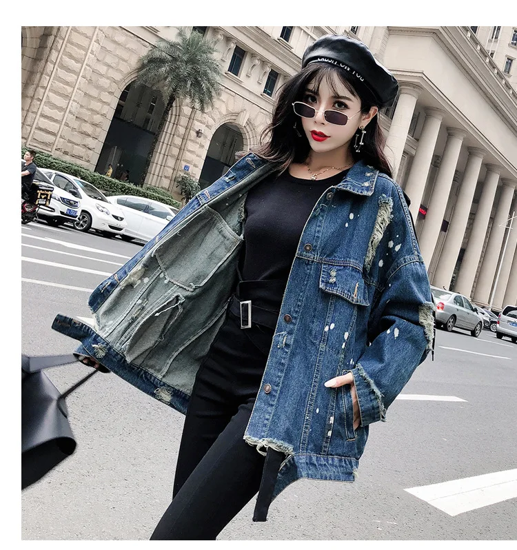 Harajuku, Модная Джинсовая куртка с блестками и волком, женская одежда, светильник, Весенняя Свободная Повседневная Длинная Куртка