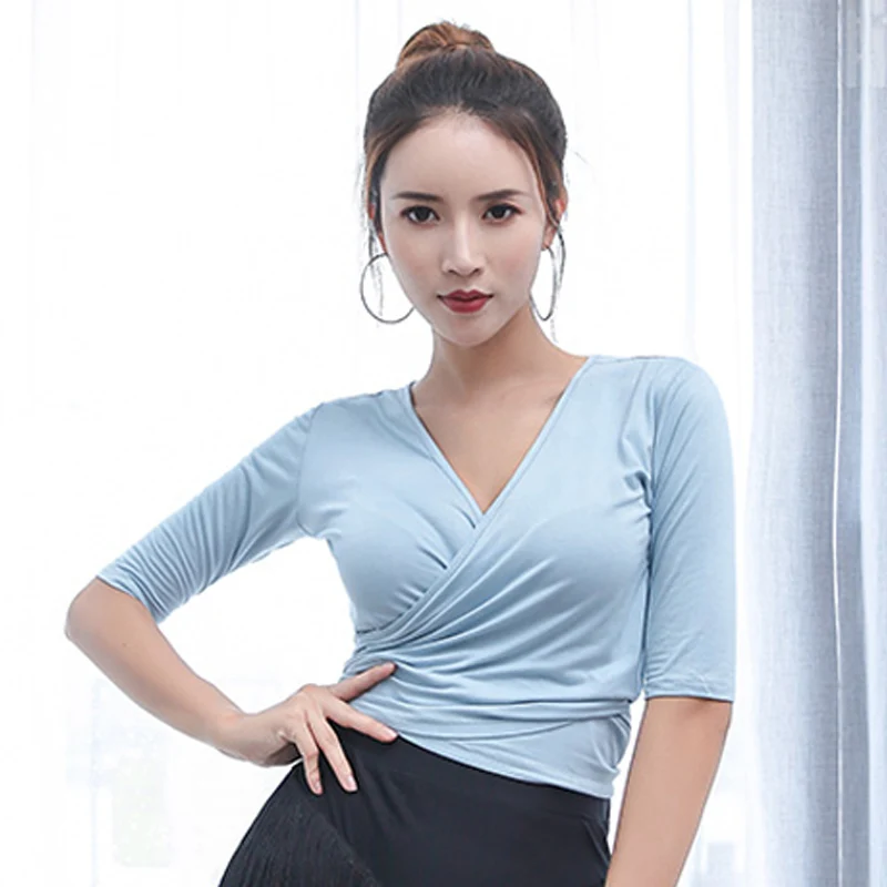 Sky Blue Top Новинка, топ для латинских танцев+ юбка для женщин/взрослых, рубашка с v-образным вырезом, юбка для танцев с бахромой, платье для танго, танцевальный костюм, Одежда для танцев BL1721 - Color: Sky Blue Top