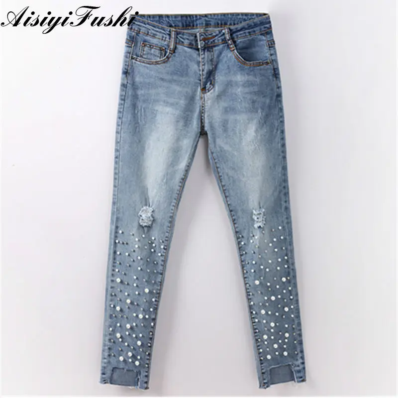 джинсы женские Рваные Capris Jeggings Тощий Эластичный Дамы джинсовой жемчуг кисточки