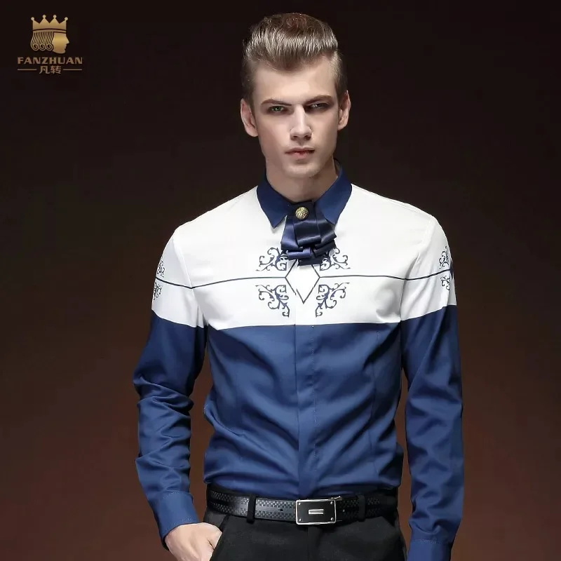 Мужская рубашка с длинным рукавом FANZHUAN синяя/белая принтом в Королевском деловом