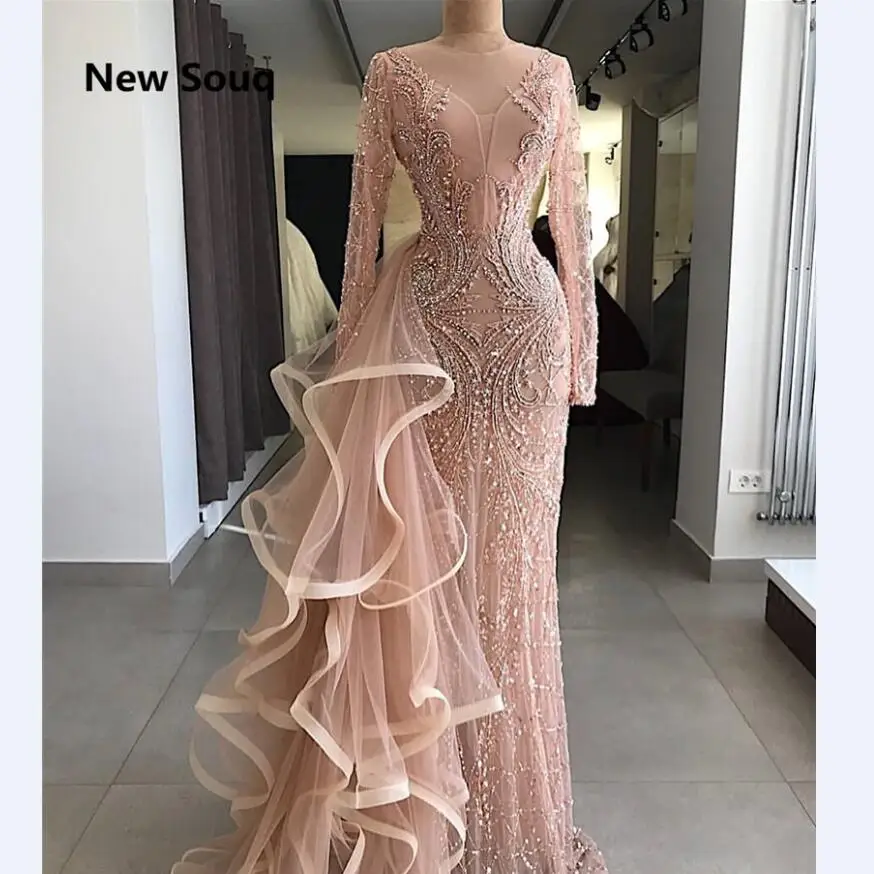 

Luxury Crystal Beaded Evening Dresses Jewel Long Sleeves Mermaid Party Prom Dress Formal Dresses Evening Wear vestido de festa