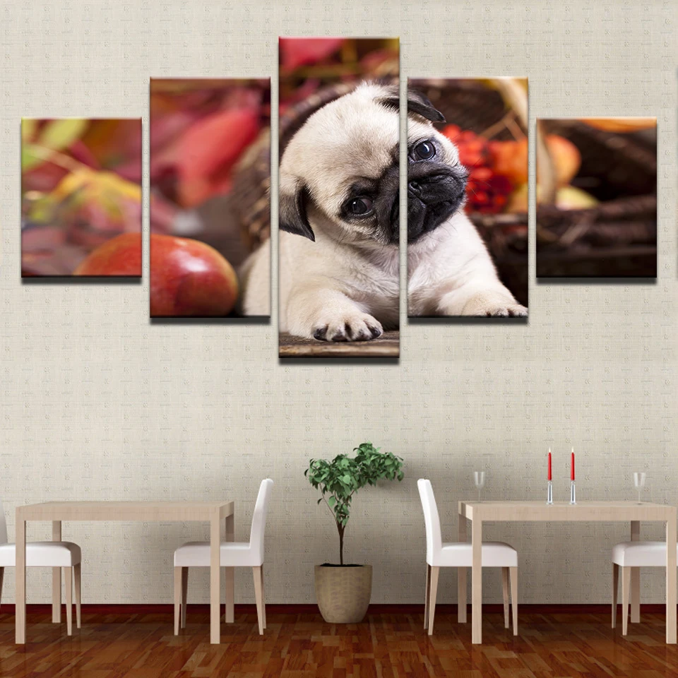 Wall Art HD с модульная фото рамки 5 шт. милый мопс щенков и плакат изображением