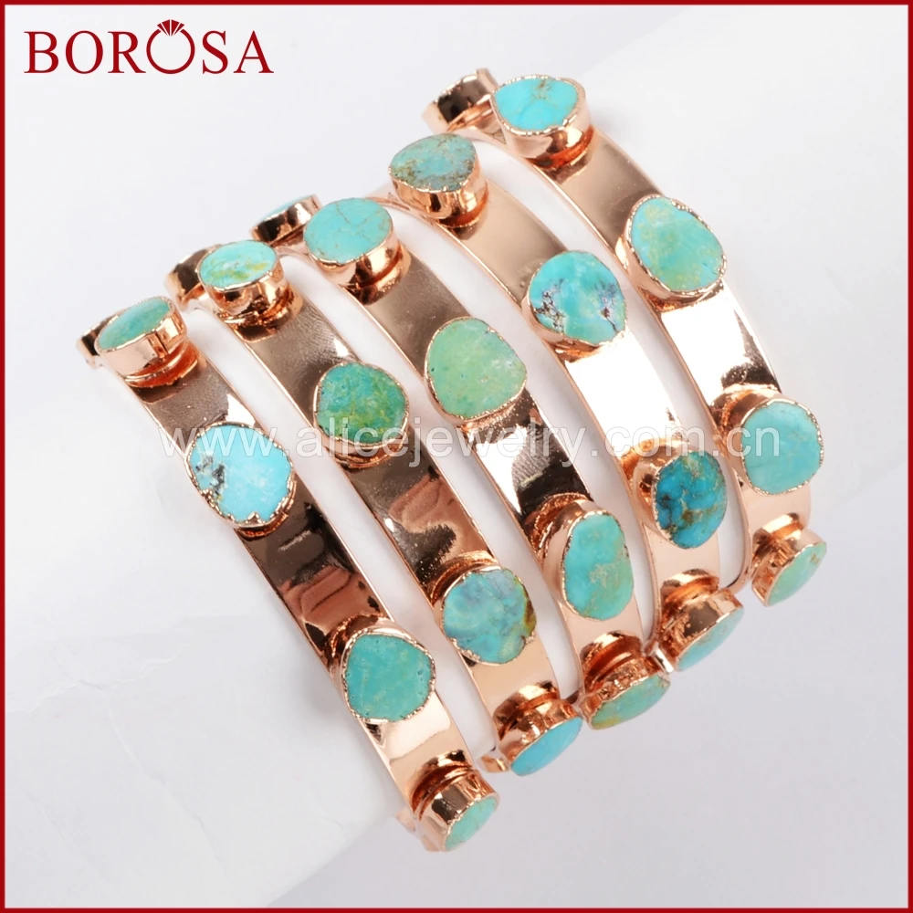 BOROSA 3/5PCS Fashion Rose Gold Color Seven Natural Turquoises Bangle Blue Stone Gems Bracelet Jewelry for Women R1341 | Украшения и