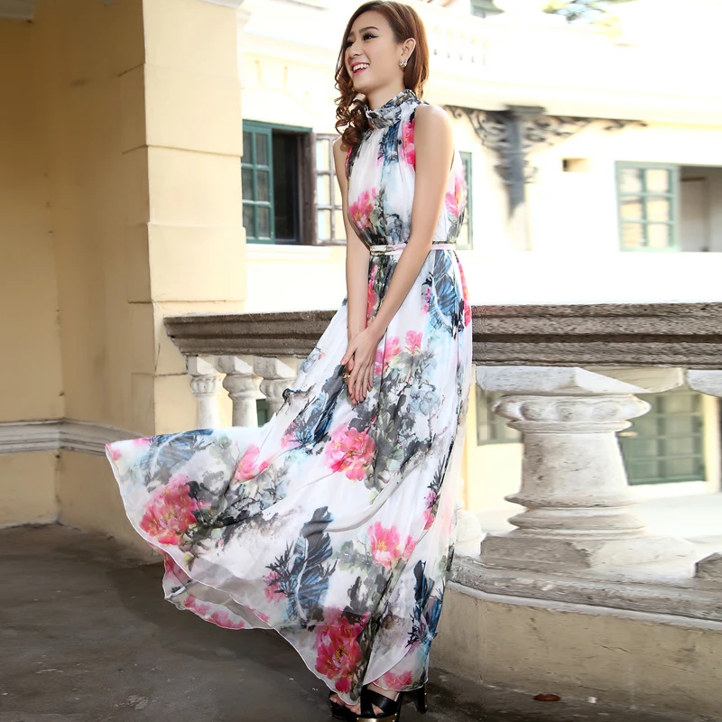 Платье макси из шифона с цифровым принтом летнее платье для сада вечеринки