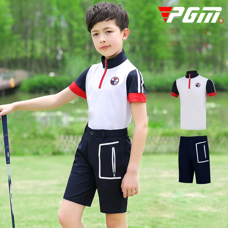 

Pgm Teenager Boys Shorts Sets Summer Short Sleeved Striped T Shirt Pocket Shorts Boys Anti-sweat Golf Clothing D0783