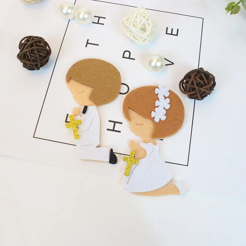 

AVEBIEN 50pcs Prayer Boy & Girl Nonwovens Fabric DIY Label Baby Shower Self-adhesive Stickers For Package Gift/Bags/Cup/Box/Tags