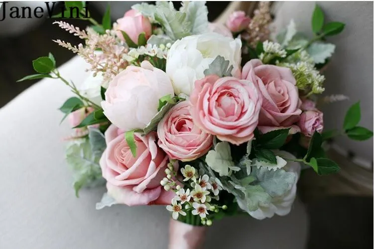 JaneVini Artificial Blush Pink Bride Bouquet Rose Vintage White Peony Silk Flower Wedding Bouquets Fake Bridal Brooch Holder | Свадьбы и
