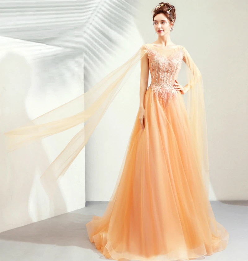 Женское вечернее платье SSYFashion Золотое с кружевной вышивкой и шлейфом 2019 | Свадьбы