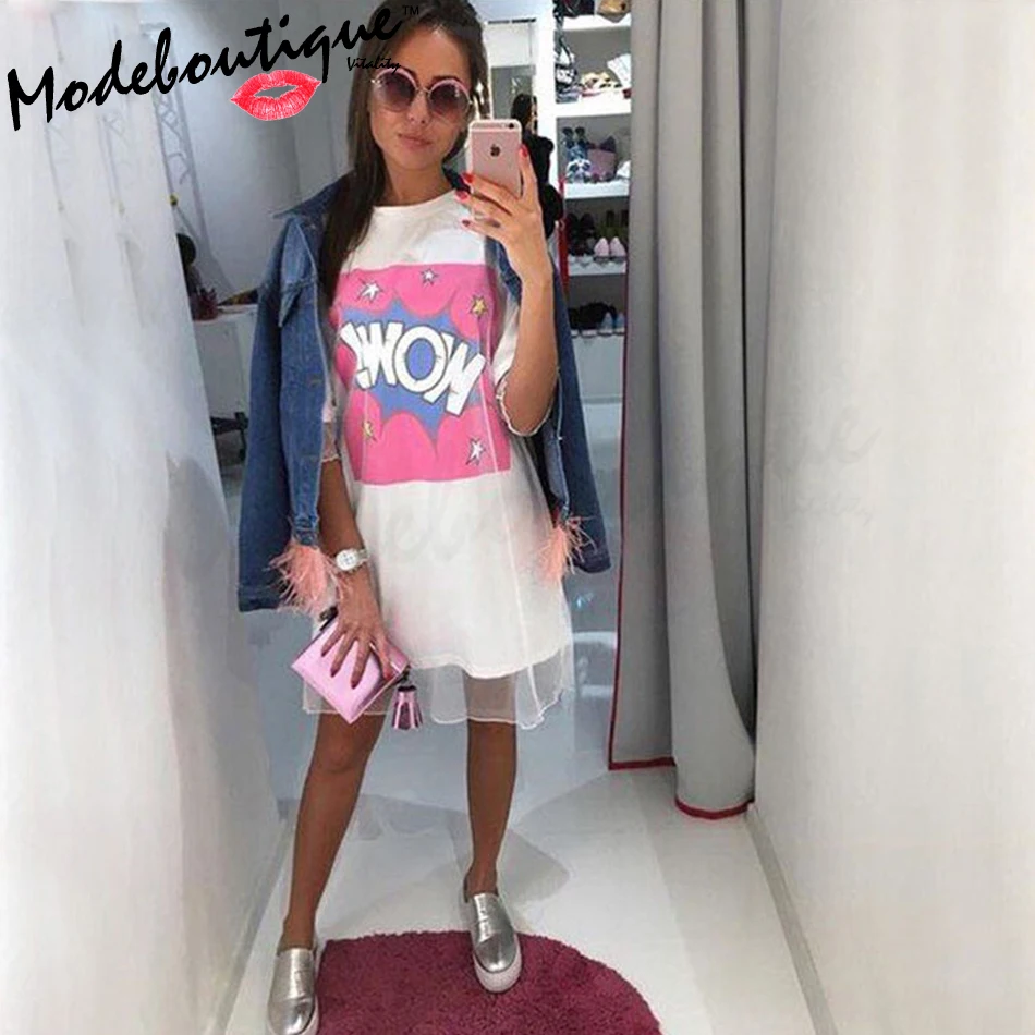 Mode Boutique Women Dress Casual O-neck Printing Sugar Girl Fashion Print Mesh White Summer Robe De Soiree Vestidos | Женская одежда