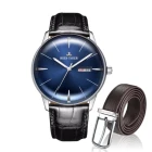 Мужские стальные автоматические часы и кожаные ремни с синим циферблатом