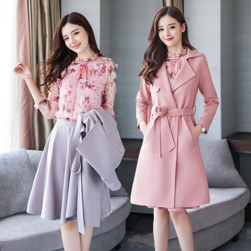 Осенние корейские новые модные женские комплекты рубашка + Юбки До Колена