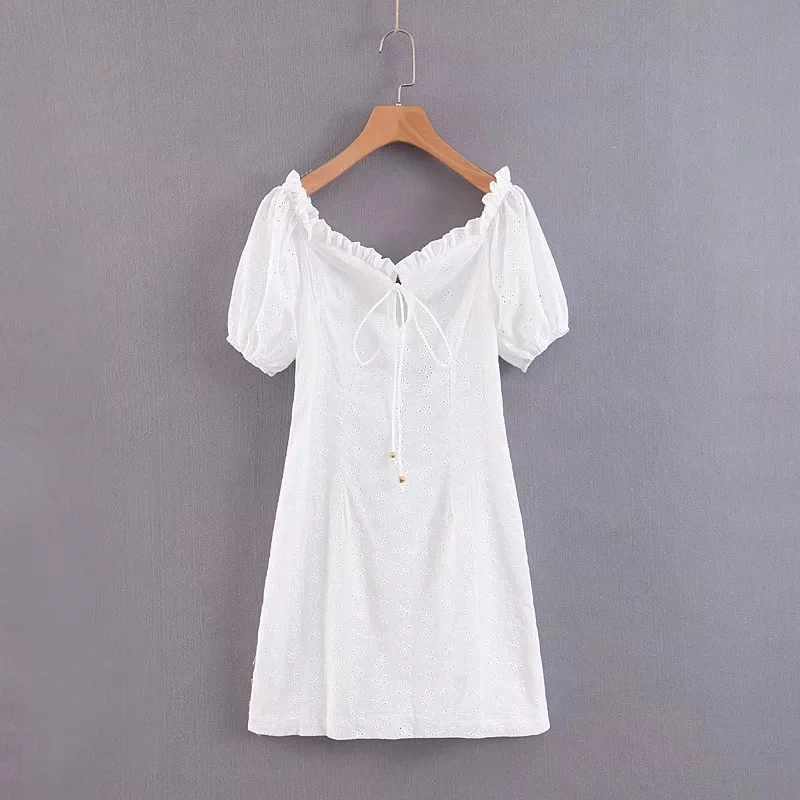 Женское кружевное платье Boho белое винтажное мини-платье с коротким рукавом и