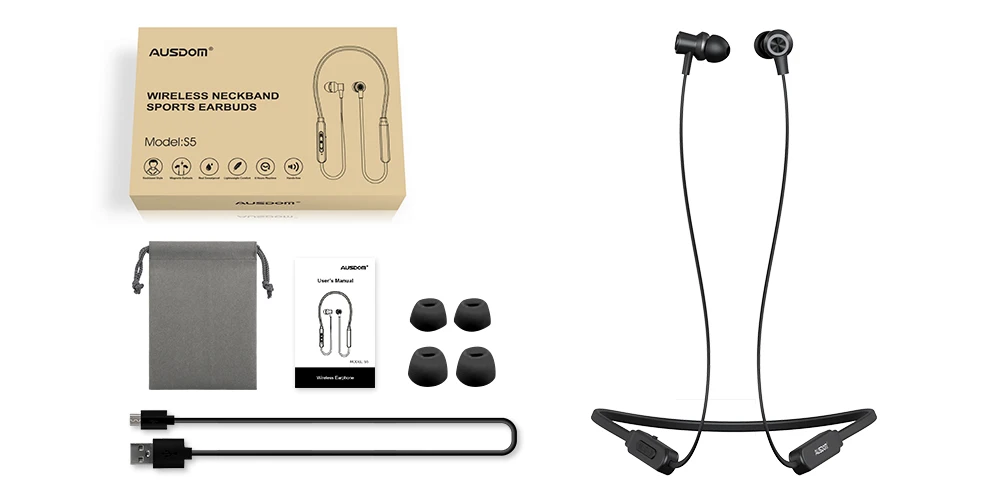 AUSDOM S5 Sport Wireless Bluetooth Earphone Headset Lightweight Magnetic Neckband Bluetooth Headphones Earbuds With Carry Bag