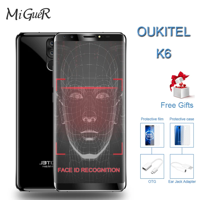 Oukitel K6 18:9 полный Дисплей Face Unlock 6 0 ''FHD ГБ Оперативная память 64 Гб Встроенная MTK6763