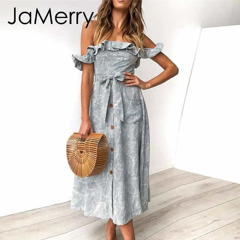 JaMerry винтажное бохо сексуальное с оборками открытыми плечами женское миди платье