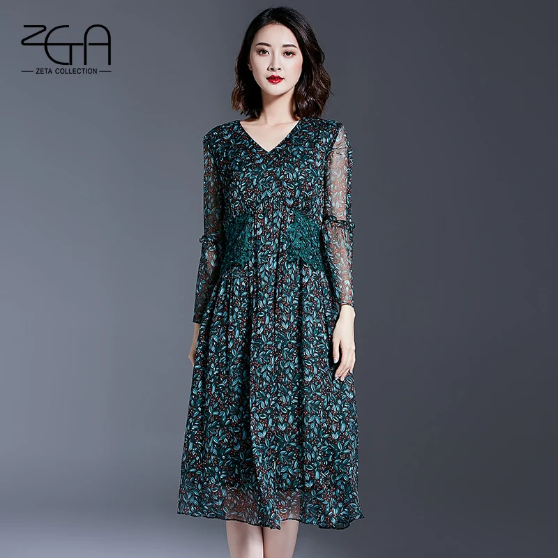 2017 весна Темперамент v-образным вырезом печатных чистого шелка длинный dress