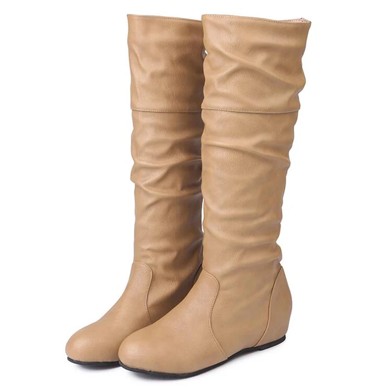 Khaki COVOYYAR/ г.; женские сапоги до колена; сезон осень-зима; модные женские сапоги со складками; однотонная обувь из искусственной кожи; женские большие размеры; WBS776 - Цвет: Khaki