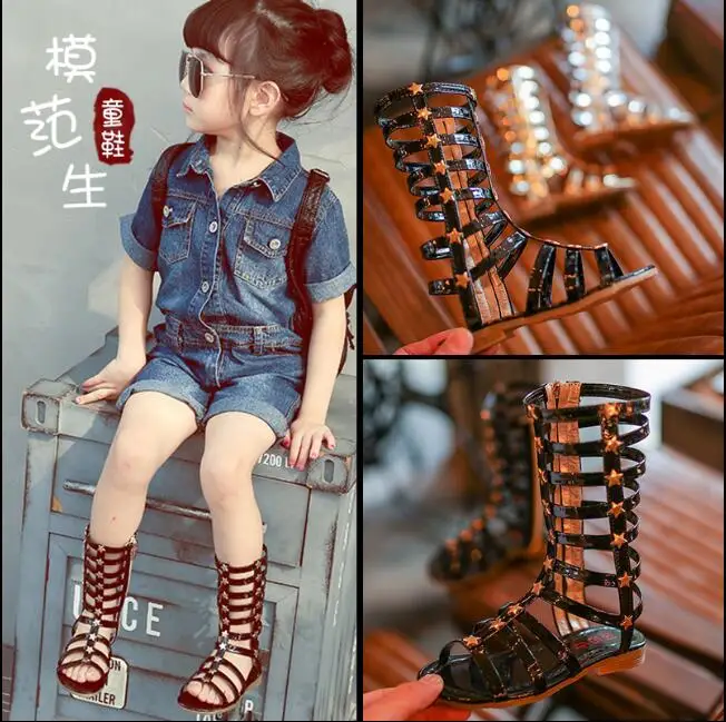 Длинные сандалии 2018 летняя Европейская обувь римские для девочек модные с