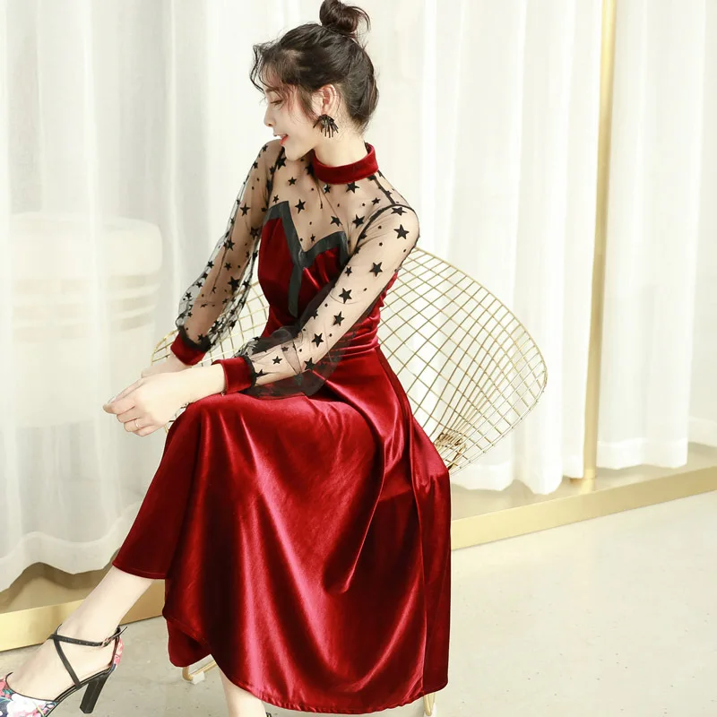 Small Demon Red Evening Dresses Sexy Tulle Long Sleeve Backless Evening Gown Black Star Evening Dress for Women Elegant ES1302 - Цвет: Красный