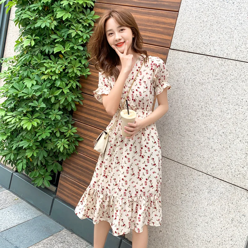 Женское шифоновое платье с коротким рукавом и v-образным вырезом элегантное