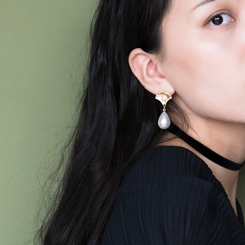 SRCOI Gold Alloy Fan Water Drop Faux Pearl Earrings Dangle Korean Elegant Long Women Girls Party Wedding Bride | Украшения и