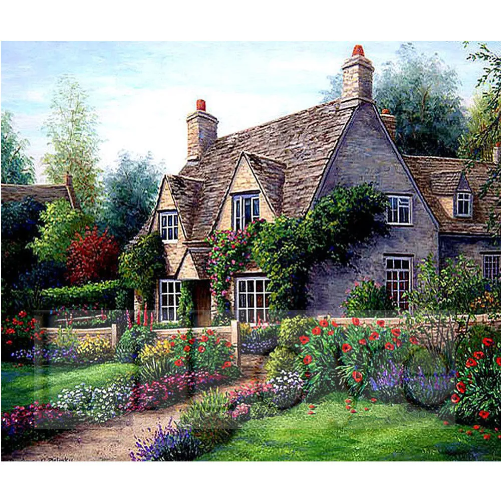 Алмазная живопись сделай сам вышивка крестиком пейзаж садовый домик