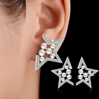 new arrival hot sell fashion five pointed star pearl cz zircon 925 sterling silver ladiesstud earrings jewelry