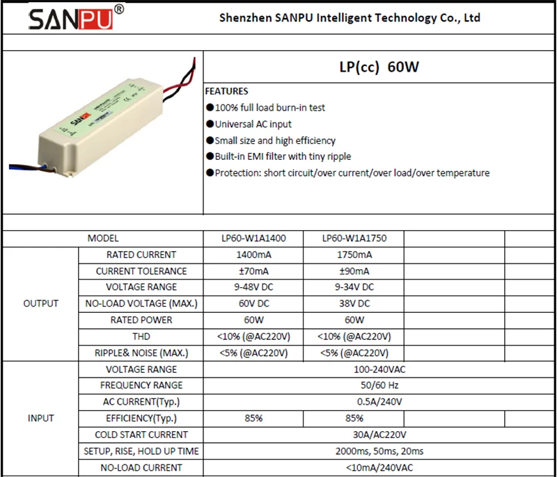 SANPU IP67 Водонепроницаемый Светодиодный драйвер 1750mA 60 Вт постоянный ток AC-DC 9-34 в освещение Трансформатор Переключатель режим питания для Светодиодный s