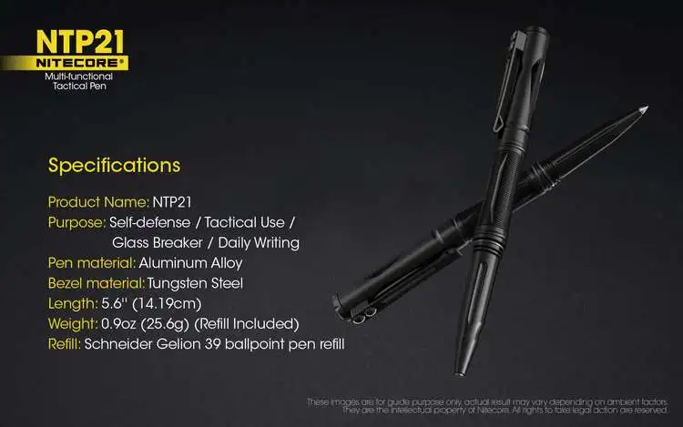 NITECORE NTP21 тактическая ручка из алюминиевого сплава, оконный стеклянный выключатель, Вольфрамовая сталь с зажимом, многофункциональная черная ручка для самозащиты