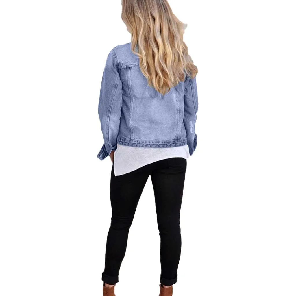 Женская джинсовая куртка Womail зимняя синяя винтажная Базовая с длинным рукавом