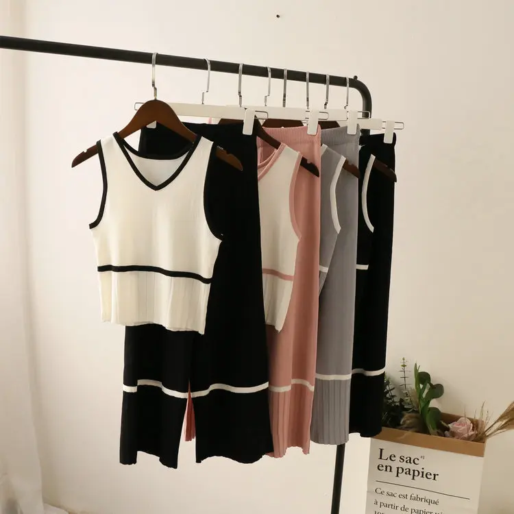 ALPHALMODA, английский стиль, женский летний вязанный джемпер без рукавов+ широкие укороченные штаны, повседневные костюмы из 2 предметов