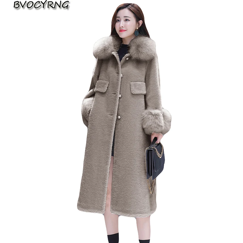 

New High Quality Woolen Coat Women Autumn and Winter Warm Wool Jacket Female Large Fur Collar Long Windbreaker Loose Women Parka