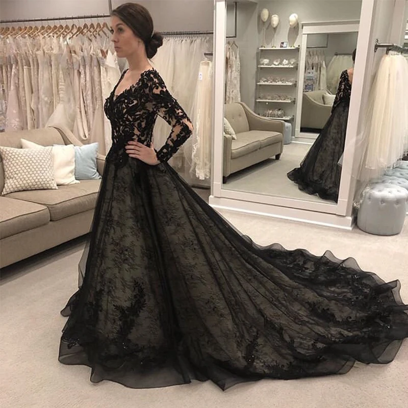 

Vestido De Noiva Black Wedding Dresses Long Sleeves V-neck Lace Bridal Gowns A-line Appliques Beaded Wedding Dress