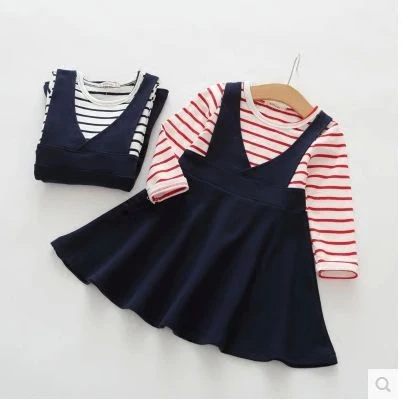 

Платье для девочек 2017 с длинными рукавами, накладные платья из 2 предметов для маленьких девочек в полоску, детская одежда