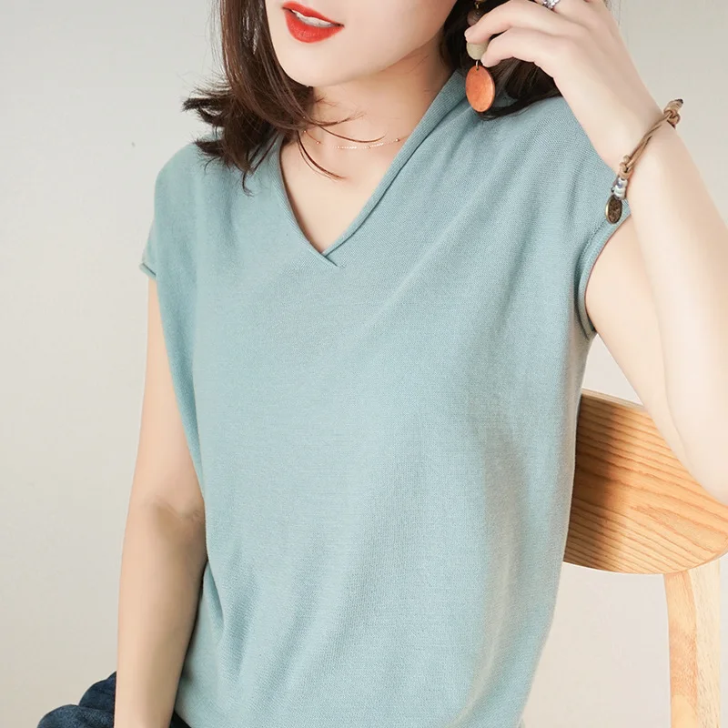 Light blue Корейская версия летней хлопковой вязаной футболки с коротким рукавом, женский свободный свитер, нижняя часть с коротким рукавом - Color: Light blue