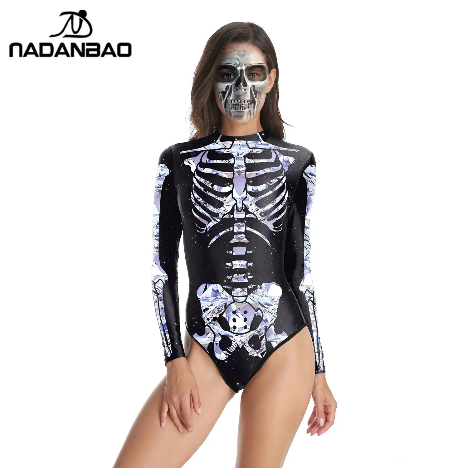 

NADANBAO Long Sleeve Swimsuit Women One Piece Swimsuit 3d Printed Halloween Skull Skeleton Swimming Bathing Suit Women