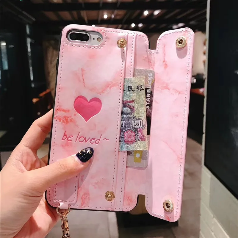 2in1 Cute Love Heart Wallet Leather Phone Case for IPhone X 6 6S 6P 7 8 Plus with Hand Strap |