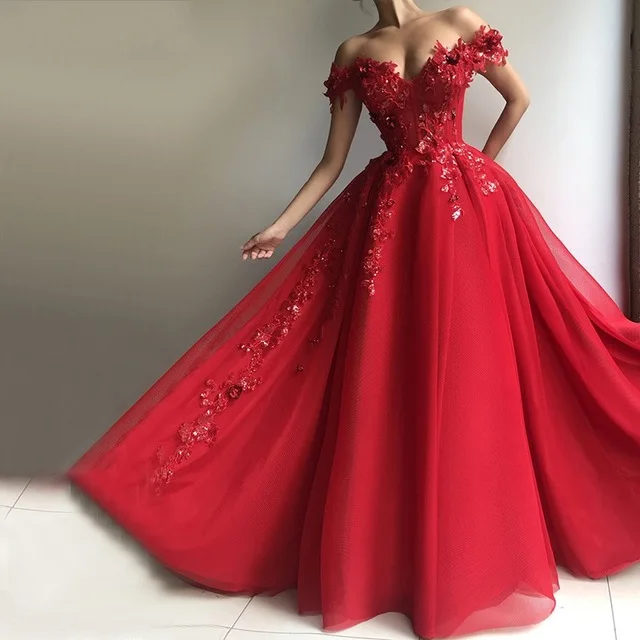 

Charming Prom Dresses With 3D Floral Appliques A Line Red Evening Dress Off the Shoulder Tulle Floor Length Party Formal Dress