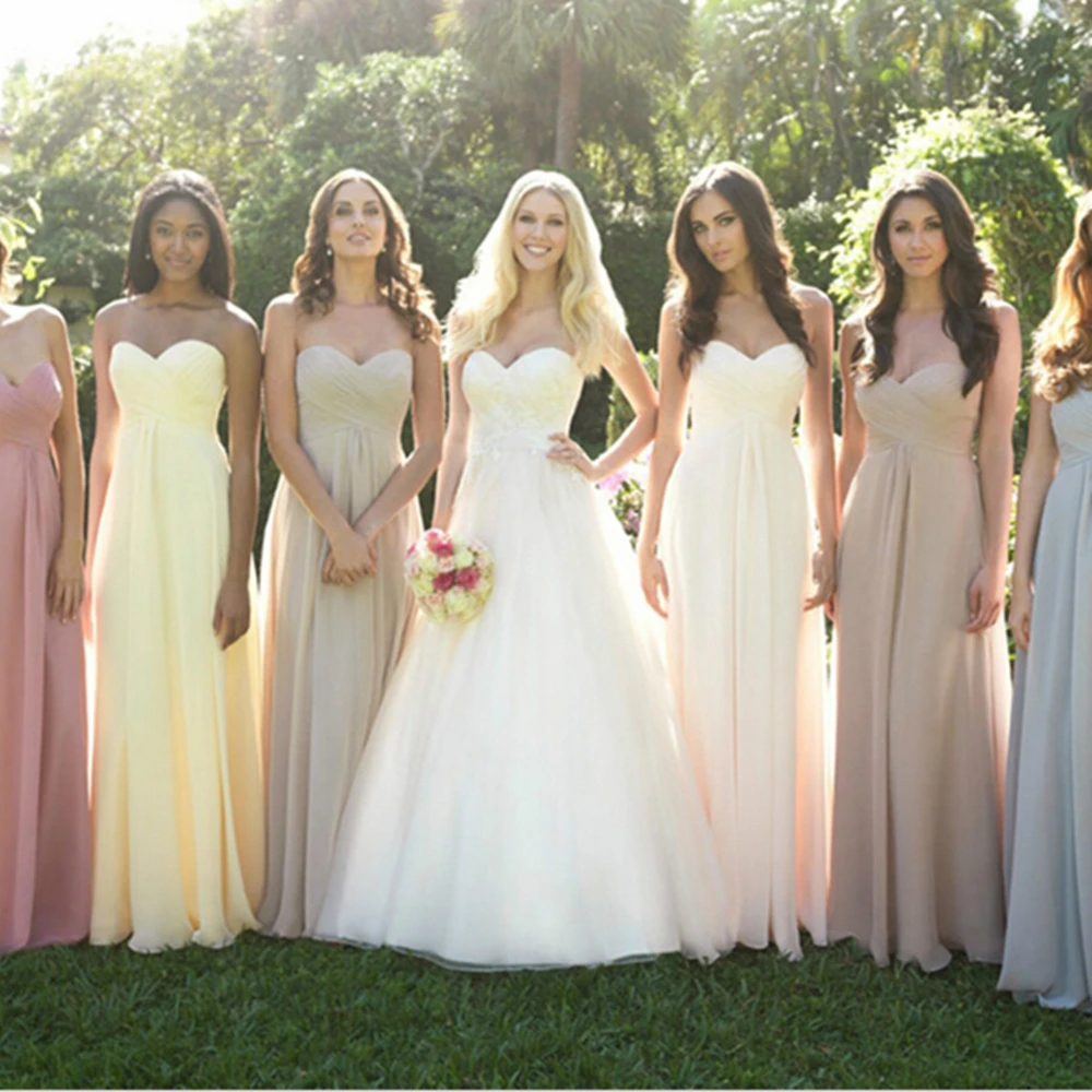 

2019 High Quality Long Chiffon Bridesmaid Dress Sweetheart A Line Floor Length Cheap Wedding Party Gowns Vestido De Fiesta