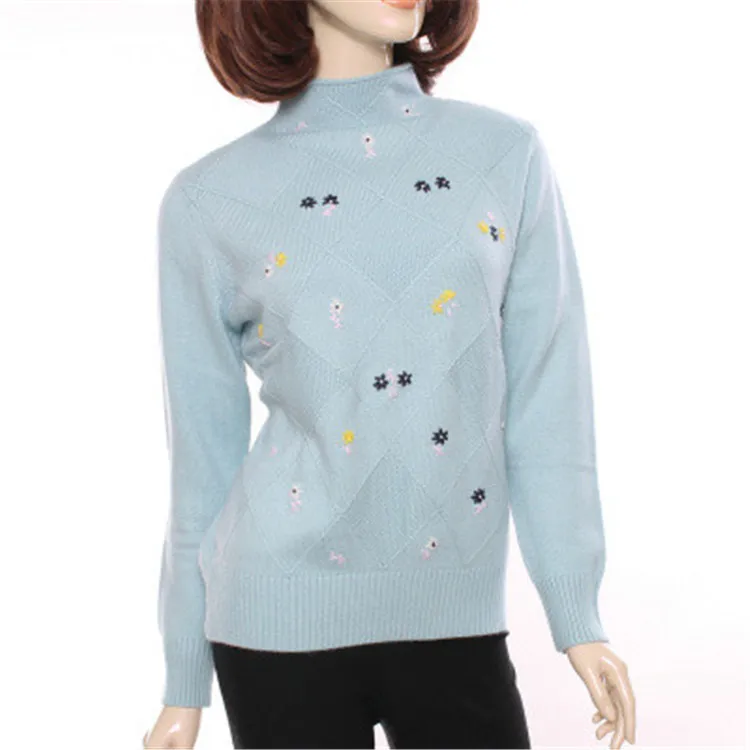 

100% козий кашемир стоячий воротник вязаный женский модный вышитый тонкий пуловер свитер светло-голубой 2 вида цветов S-2XL в розницу оптом