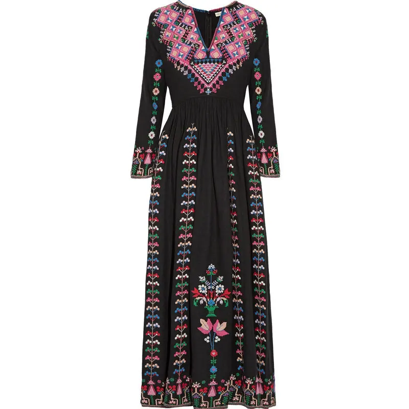 

Boho Women's Dresses 2020 Spring Autumn V Neck Long Sleeves Embroidery Female Dresses Bohemian A Line Chic Hippie Vestidos