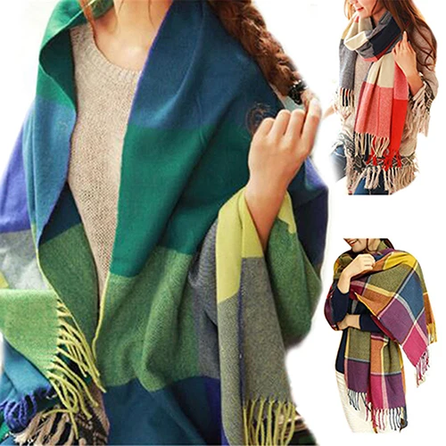 

Women Fashion Winter Warm Soft Tassel Plaid Scarf Long Wide Wrap Shawl Gift